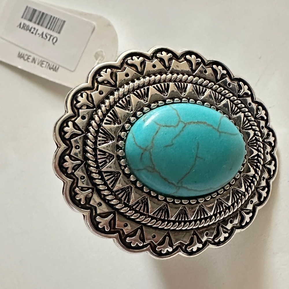 Boho Western-Style Turquoise Statement Ring – Adjustable Concho Design
